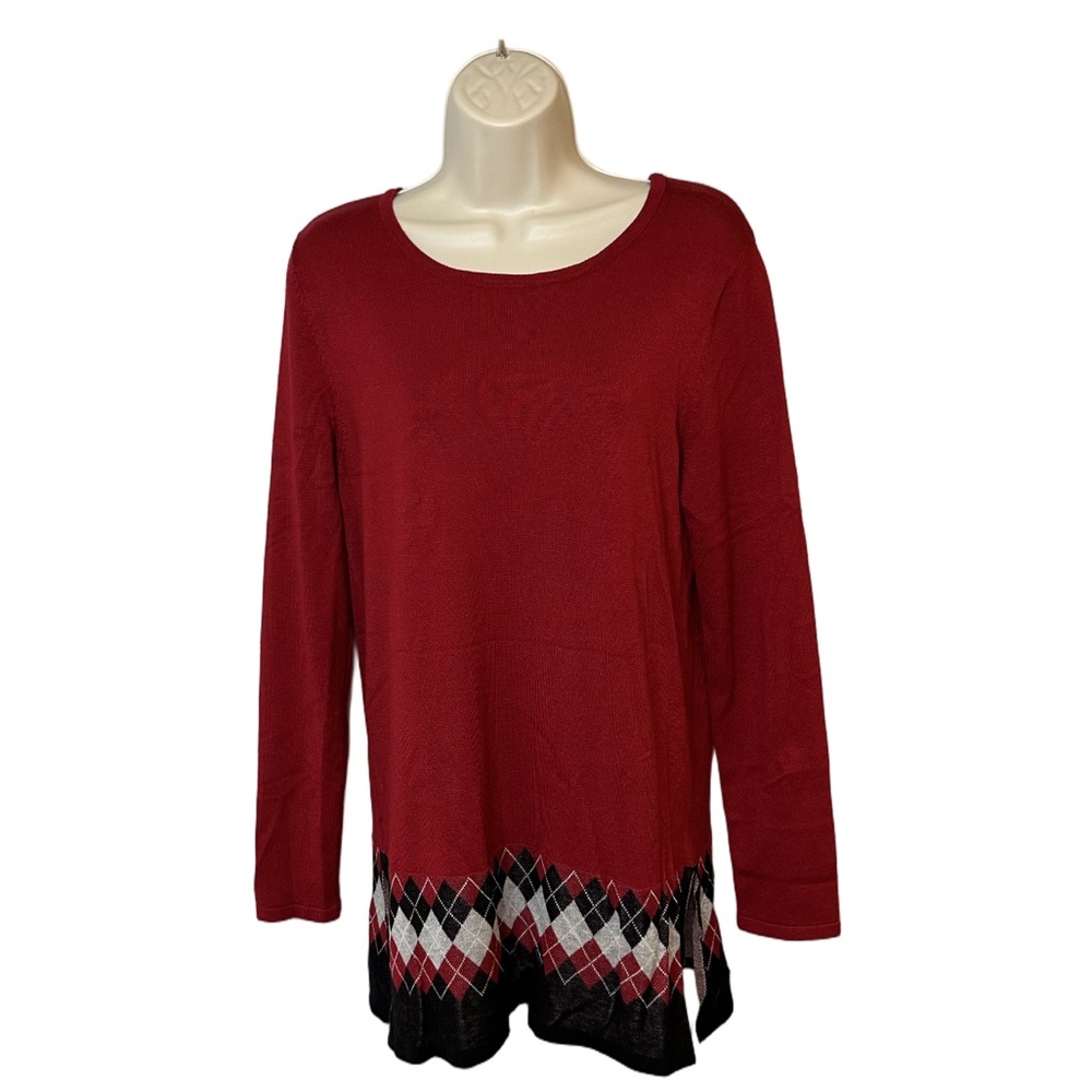 Festive Garnet Plaid Trim Sweater Top Red Black Argyle Scarf Detail Women’s S - Picture 2 of 8